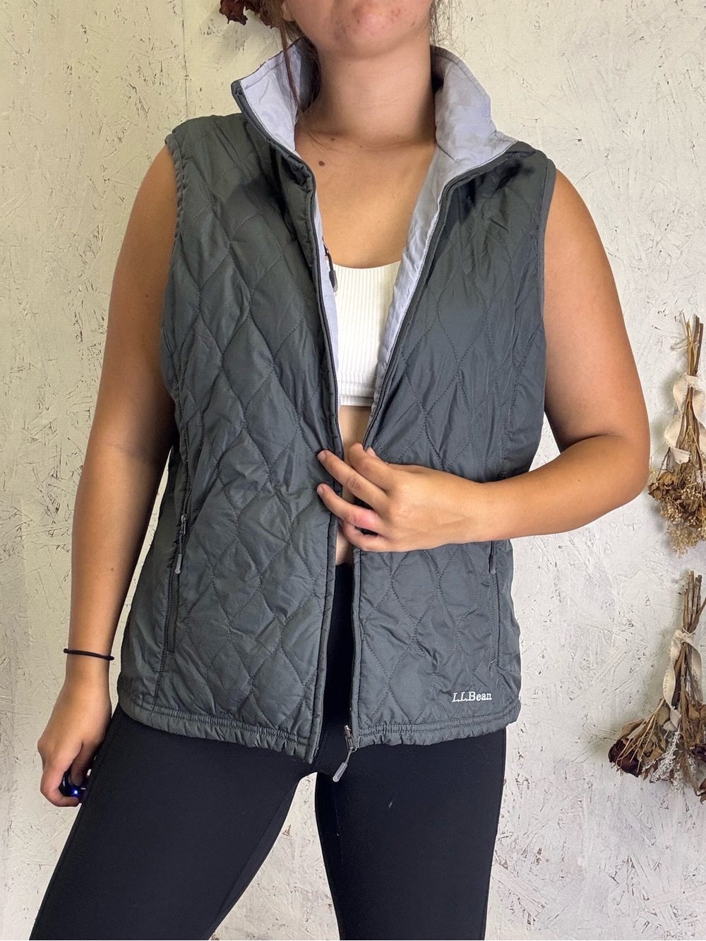 LL Bean Reversible Quilted Green Grey Outdoor Hiking Vest Size Large